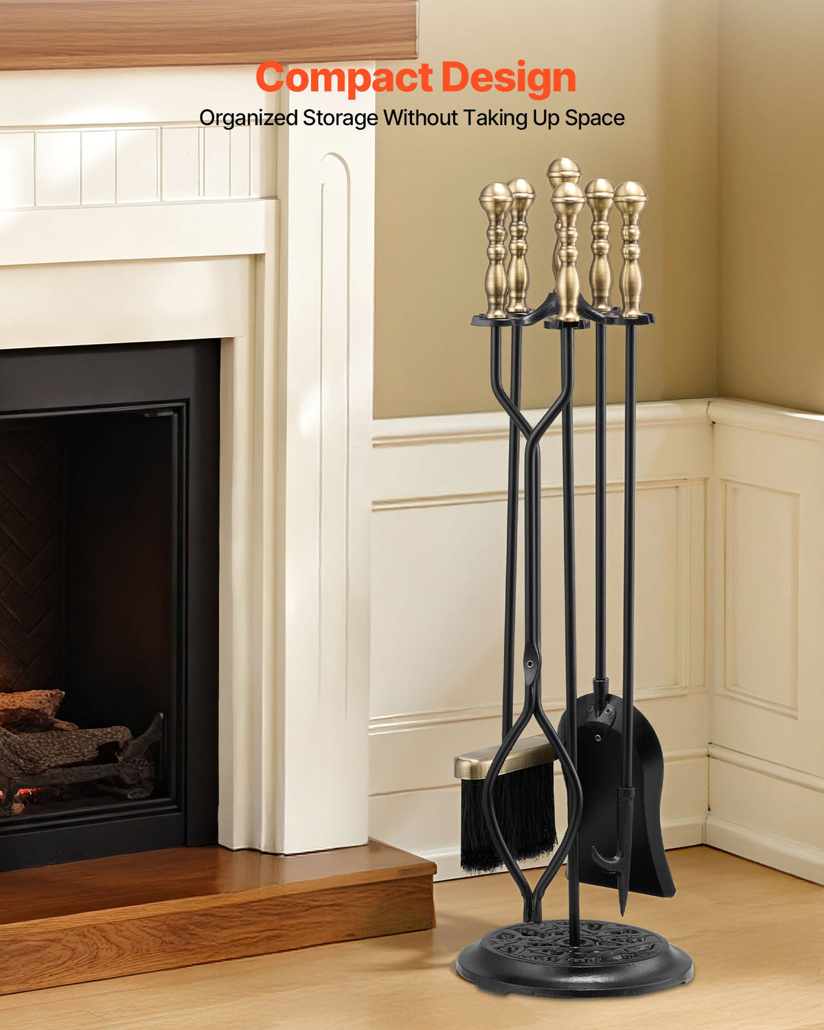 VEVOR Fireplace Tool Set, 5 PCS Fire Tool Set and Holder with Five-Prong Stand, Tongs, Ash Shovel, Brush, Fire Place Poker, Wrought Iron Fireplace Accessories for Indoor/Outdoor, Black & Brass - BLGJTJ5JTWZGPZ6MX001V0 - view 6