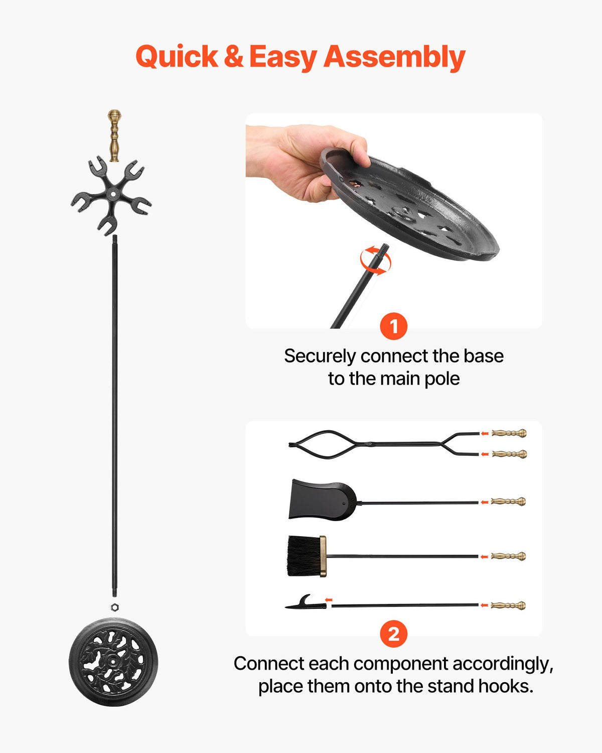 VEVOR Fireplace Tool Set, 5 PCS Fire Tool Set and Holder with Five-Prong Stand, Tongs, Ash Shovel, Brush, Fire Place Poker, Wrought Iron Fireplace Accessories for Indoor/Outdoor, Black & Brass - BLGJTJ5JTWZGPZ6MX001V0 - view 7