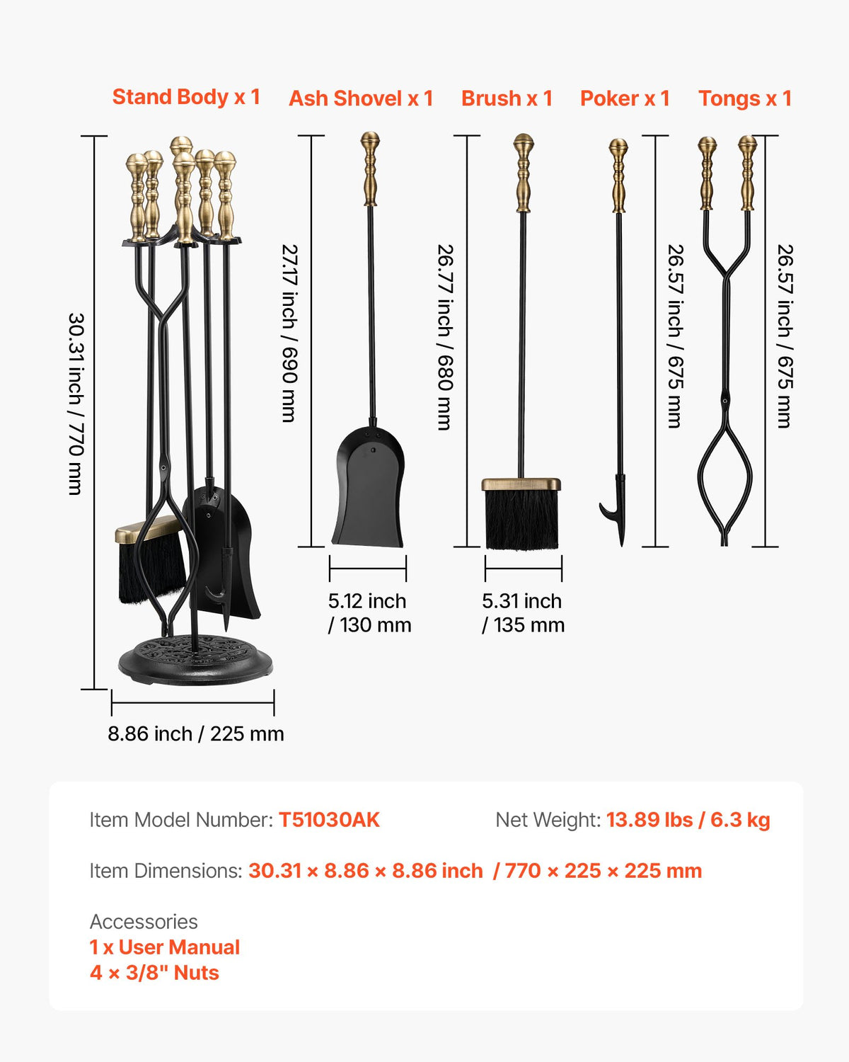 VEVOR Fireplace Tool Set, 5 PCS Fire Tool Set and Holder with Five-Prong Stand, Tongs, Ash Shovel, Brush, Fire Place Poker, Wrought Iron Fireplace Accessories for Indoor/Outdoor, Black & Brass - BLGJTJ5JTWZGPZ6MX001V0 - view 8