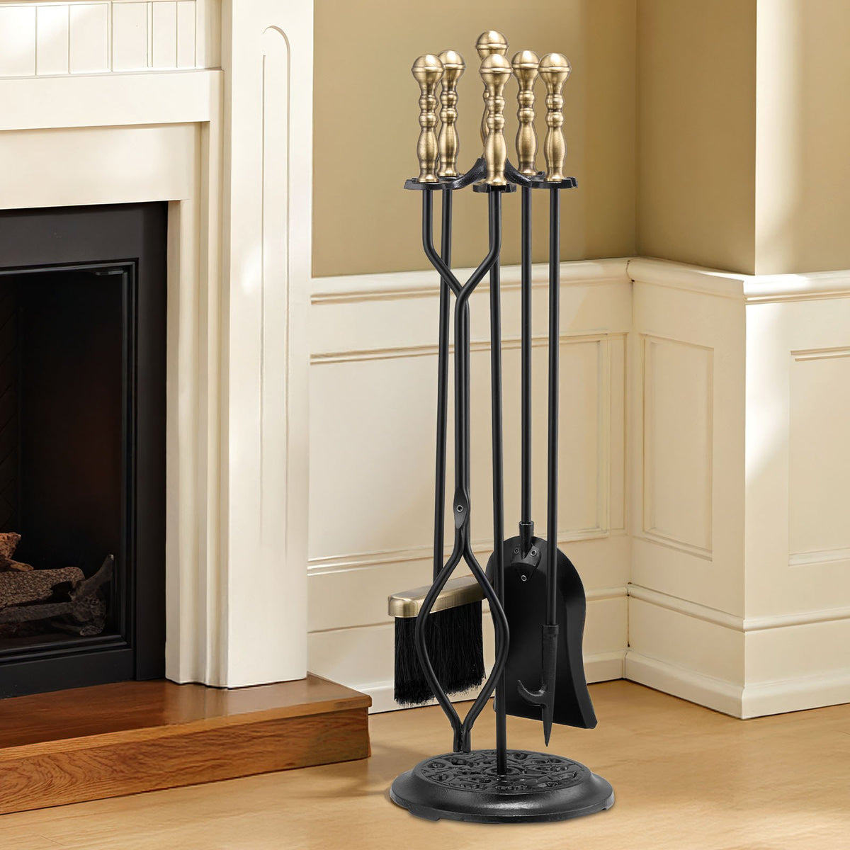 VEVOR Fireplace Tool Set, 5 PCS Fire Tool Set and Holder with Five-Prong Stand, Tongs, Ash Shovel, Brush, Fire Place Poker, Wrought Iron Fireplace Accessories for Indoor/Outdoor, Black & Brass - BLGJTJ5JTWZGPZ6MX001V0 - view 9