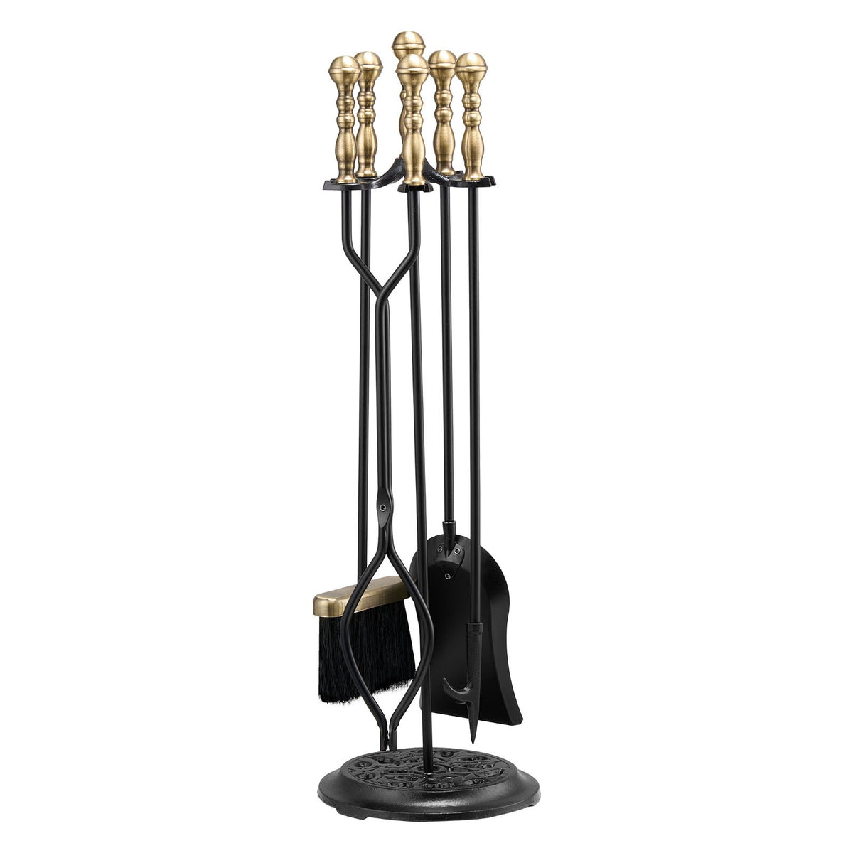 VEVOR Fireplace Tool Set, 5 PCS Fire Tool Set and Holder with Five-Prong Stand, Tongs, Ash Shovel, Brush, Fire Place Poker, Wrought Iron Fireplace Accessories for Indoor/Outdoor, Black & Brass - BLGJTJ5JTWZGPZ6MX001V0 - view 10