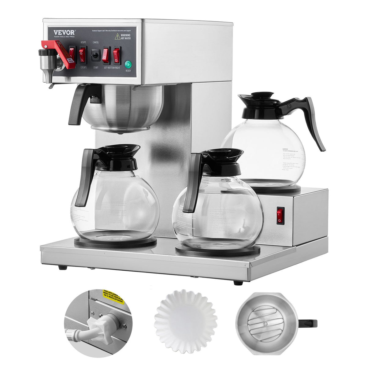 VEVOR 12 Cups Commercial Drip Coffee Maker, Coffee Maker Machine with 3 Glass Carafes and 3 Warmer Plates, Stainless Steel Pour Over Coffee Brewer for Restaurant, Office, Cafe - BLHSYMSKFJ3GO2QWUV1 - view 1