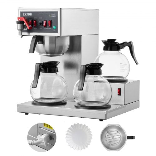 VEVOR 12 Cups Commercial Drip Coffee Maker, Coffee Maker Machine with 3 Glass Carafes and 3 Warmer Plates, Stainless Steel Pour Over Coffee Brewer for Restaurant, Office, Cafe - BLHSYMSKFJ3GO2QWUV1 - view 2