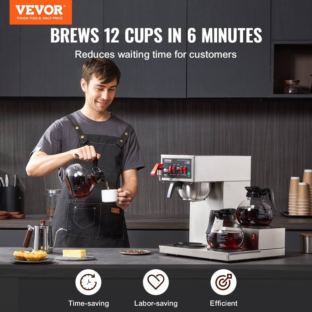 VEVOR 12 Cups Commercial Drip Coffee Maker, Coffee Maker Machine with 3 Glass Carafes and 3 Warmer Plates, Stainless Steel Pour Over Coffee Brewer for Restaurant, Office, Cafe - BLHSYMSKFJ3GO2QWUV1 - view 3