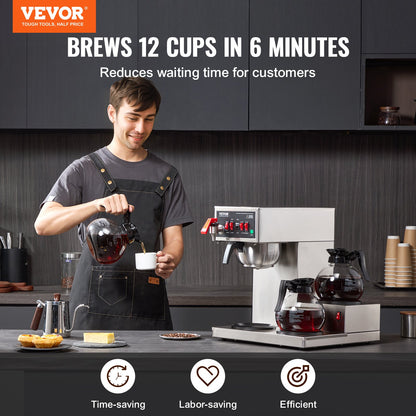 VEVOR 12 Cups Commercial Drip Coffee Maker, Coffee Maker Machine with 3 Glass Carafes and 3 Warmer Plates, Stainless Steel Pour Over Coffee Brewer for Restaurant, Office, Cafe - BLHSYMSKFJ3GO2QWUV1 - view 3