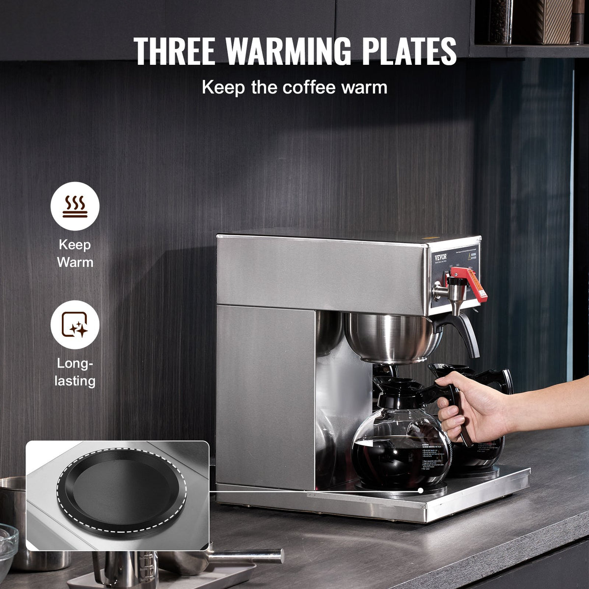 VEVOR 12 Cups Commercial Drip Coffee Maker, Coffee Maker Machine with 3 Glass Carafes and 3 Warmer Plates, Stainless Steel Pour Over Coffee Brewer for Restaurant, Office, Cafe - BLHSYMSKFJ3GO2QWUV1 - view 4