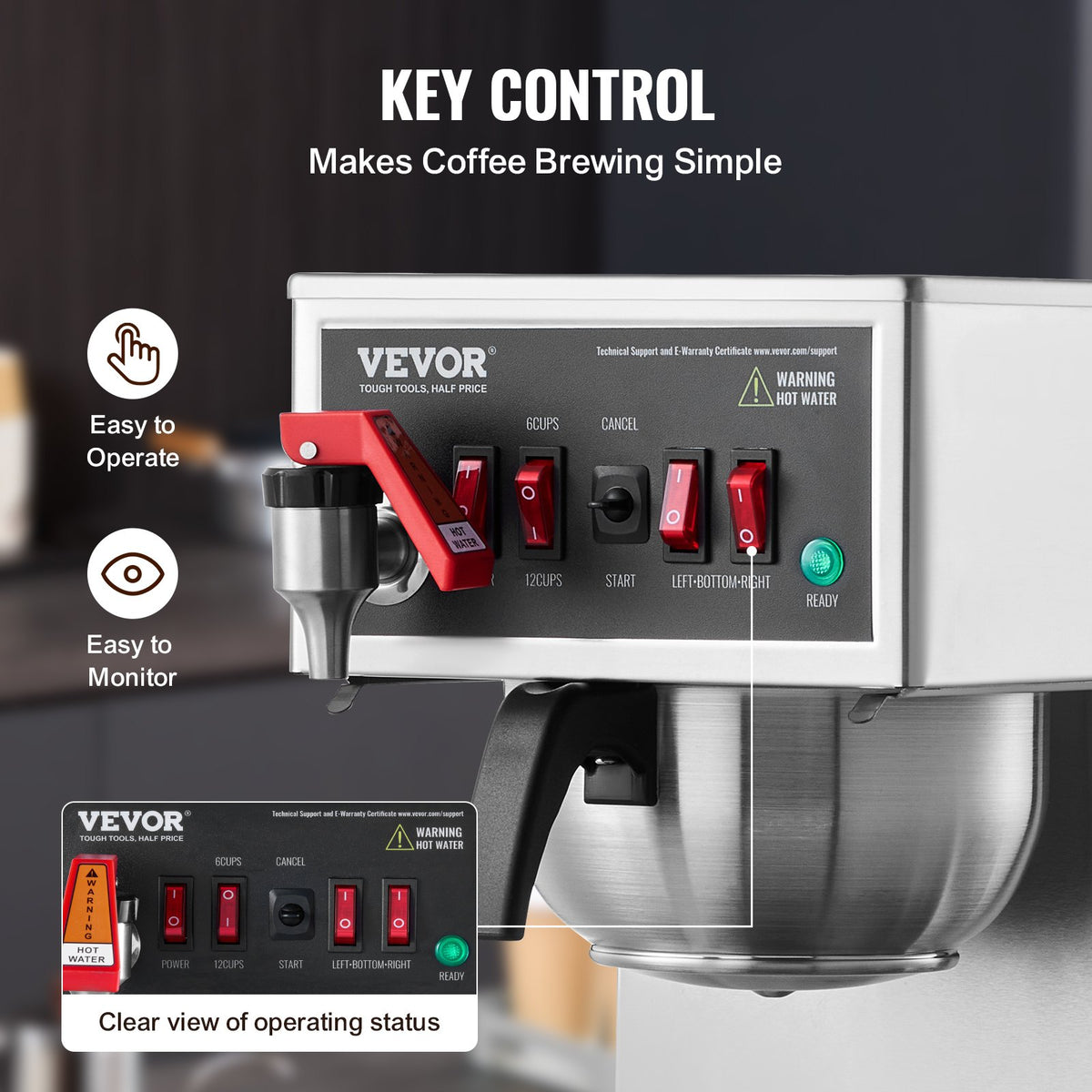 VEVOR 12 Cups Commercial Drip Coffee Maker, Coffee Maker Machine with 3 Glass Carafes and 3 Warmer Plates, Stainless Steel Pour Over Coffee Brewer for Restaurant, Office, Cafe - BLHSYMSKFJ3GO2QWUV1 - view 5