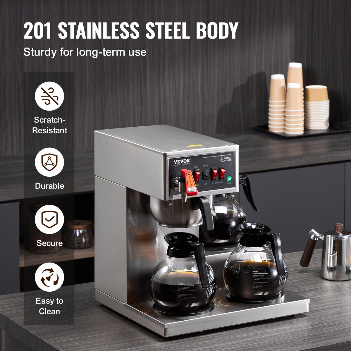VEVOR 12 Cups Commercial Drip Coffee Maker, Coffee Maker Machine with 3 Glass Carafes and 3 Warmer Plates, Stainless Steel Pour Over Coffee Brewer for Restaurant, Office, Cafe - BLHSYMSKFJ3GO2QWUV1 - view 6
