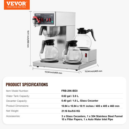 VEVOR 12 Cups Commercial Drip Coffee Maker, Coffee Maker Machine with 3 Glass Carafes and 3 Warmer Plates, Stainless Steel Pour Over Coffee Brewer for Restaurant, Office, Cafe - BLHSYMSKFJ3GO2QWUV1 - view 8