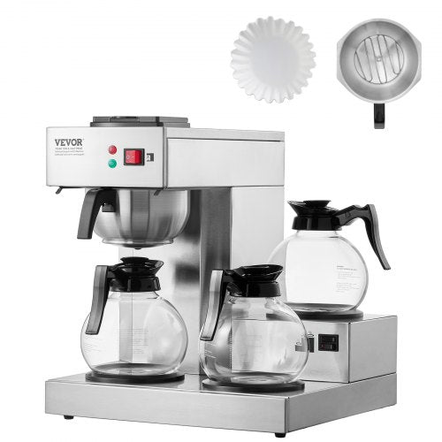 VEVOR 12 Cups Commercial Drip Coffee Maker, Coffee Maker Machine with 3 Glass Carafes and 3 Warmer Plates, Stainless Steel Pour Over Coffee Brewer with Auto Water Intake, for Restaurant Office Cafe - BLHSYMSKFJ3GTVTPSV1 - view 2