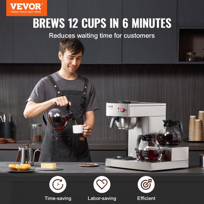 VEVOR 12 Cups Commercial Drip Coffee Maker, Coffee Maker Machine with 3 Glass Carafes and 3 Warmer Plates, Stainless Steel Pour Over Coffee Brewer with Auto Water Intake, for Restaurant Office Cafe - BLHSYMSKFJ3GTVTPSV1 - view 3