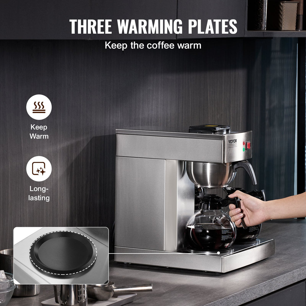 VEVOR 12 Cups Commercial Drip Coffee Maker, Coffee Maker Machine with 3 Glass Carafes and 3 Warmer Plates, Stainless Steel Pour Over Coffee Brewer with Auto Water Intake, for Restaurant Office Cafe - BLHSYMSKFJ3GTVTPSV1 - view 4