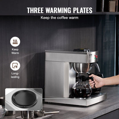 VEVOR 12 Cups Commercial Drip Coffee Maker, Coffee Maker Machine with 3 Glass Carafes and 3 Warmer Plates, Stainless Steel Pour Over Coffee Brewer with Auto Water Intake, for Restaurant Office Cafe - BLHSYMSKFJ3GTVTPSV1 - view 4