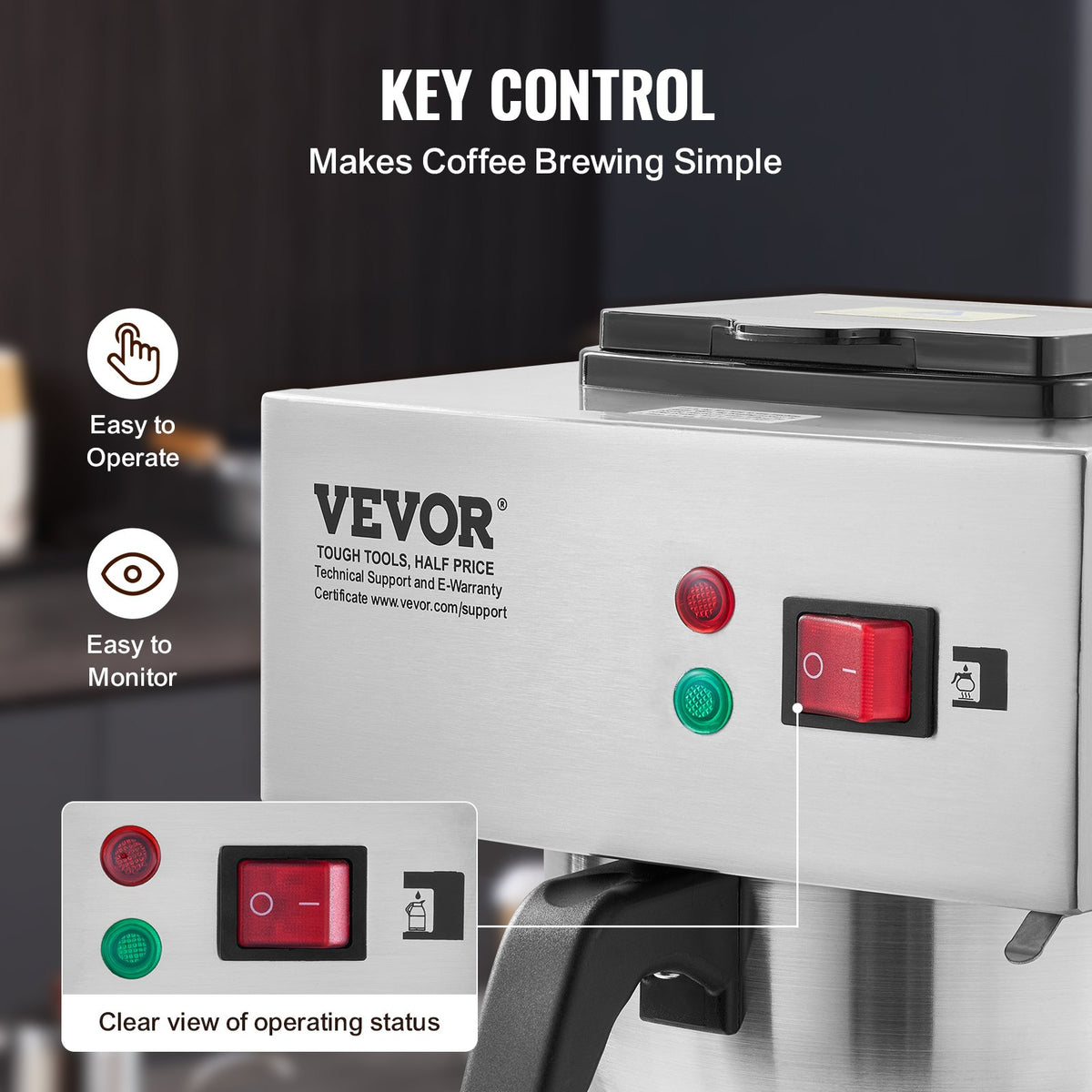 VEVOR 12 Cups Commercial Drip Coffee Maker, Coffee Maker Machine with 3 Glass Carafes and 3 Warmer Plates, Stainless Steel Pour Over Coffee Brewer with Auto Water Intake, for Restaurant Office Cafe - BLHSYMSKFJ3GTVTPSV1 - view 5