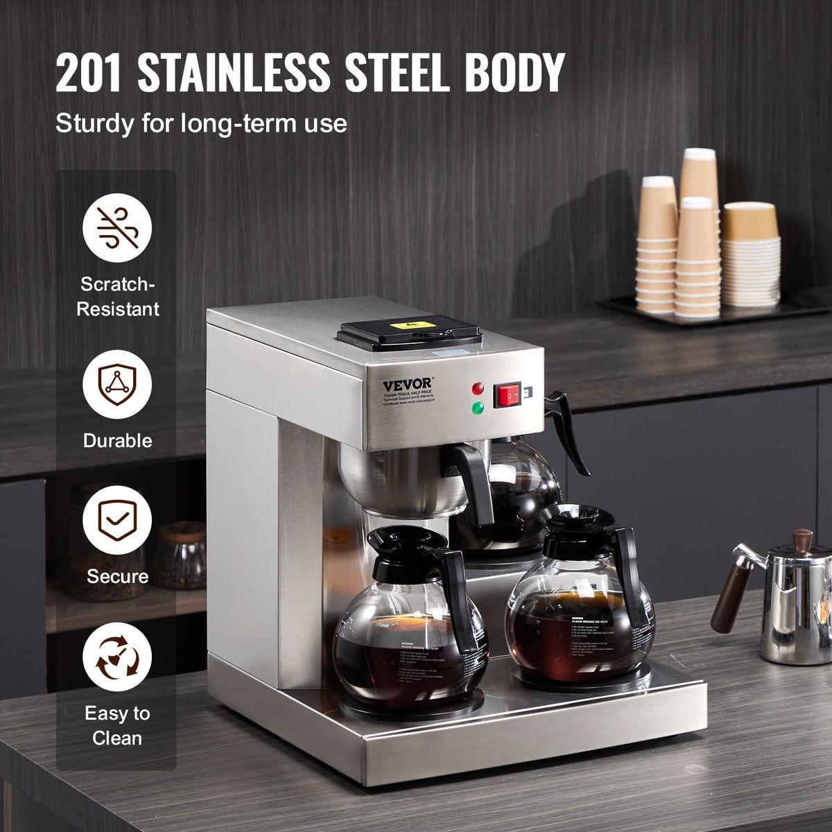VEVOR 12 Cups Commercial Drip Coffee Maker, Coffee Maker Machine with 3 Glass Carafes and 3 Warmer Plates, Stainless Steel Pour Over Coffee Brewer with Auto Water Intake, for Restaurant Office Cafe - BLHSYMSKFJ3GTVTPSV1 - view 6