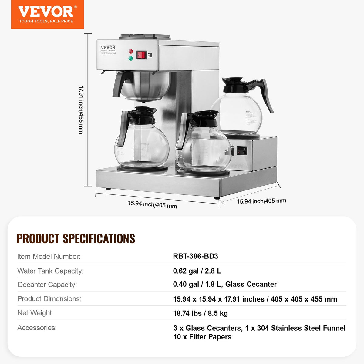 VEVOR 12 Cups Commercial Drip Coffee Maker, Coffee Maker Machine with 3 Glass Carafes and 3 Warmer Plates, Stainless Steel Pour Over Coffee Brewer with Auto Water Intake, for Restaurant Office Cafe - BLHSYMSKFJ3GTVTPSV1 - view 8