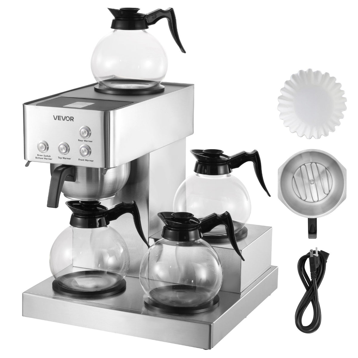 VEVOR Commercial Drip Coffee Maker, 12 Cups Coffee-Maker Machine with 4 Glass Carafes and 4 Decanter Warmer Plates, Stainless Steel Drip Style Coffee Brewer, for Restaurant, Office, Coffee Shop & Home - BLHSYMSKFJJXTVASK001V1 - view 1