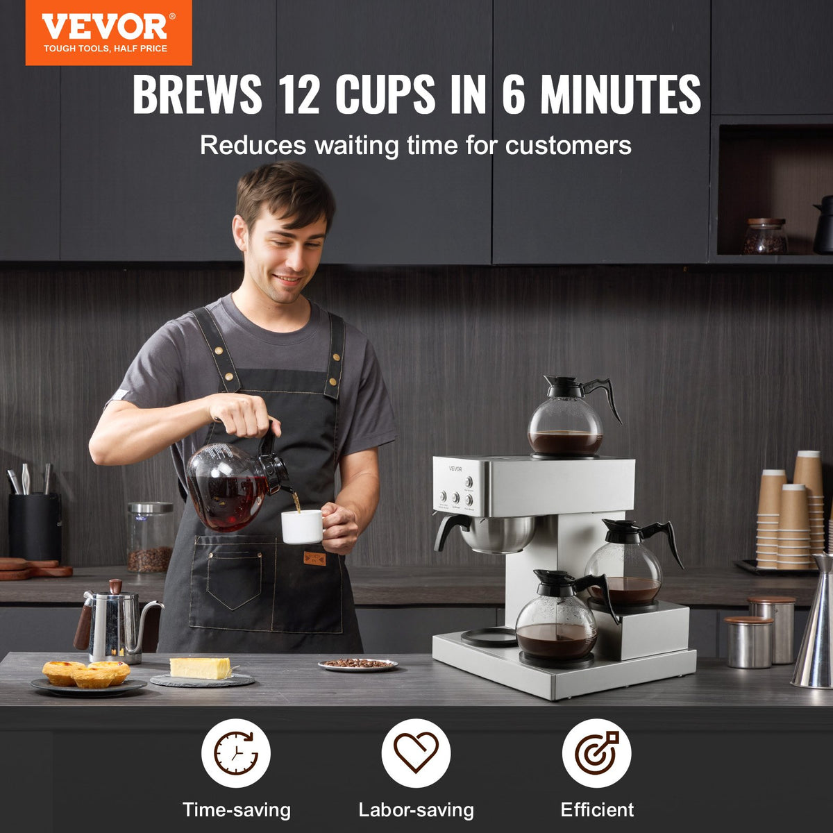 VEVOR Commercial Drip Coffee Maker, 12 Cups Coffee-Maker Machine with 4 Glass Carafes and 4 Decanter Warmer Plates, Stainless Steel Drip Style Coffee Brewer, for Restaurant, Office, Coffee Shop & Home - BLHSYMSKFJJXTVASK001V1 - view 3