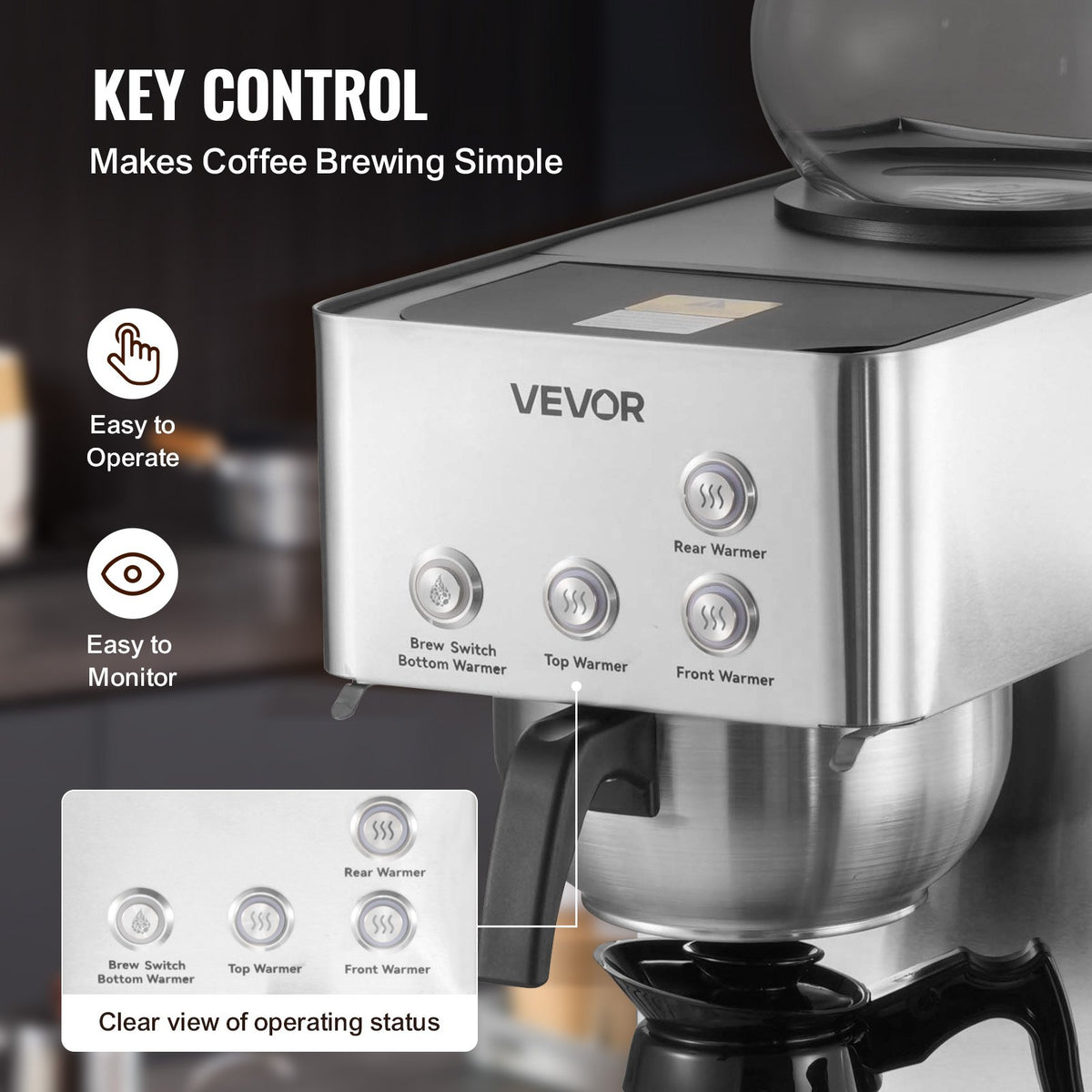 VEVOR Commercial Drip Coffee Maker, 12 Cups Coffee-Maker Machine with 4 Glass Carafes and 4 Decanter Warmer Plates, Stainless Steel Drip Style Coffee Brewer, for Restaurant, Office, Coffee Shop & Home - BLHSYMSKFJJXTVASK001V1 - view 5