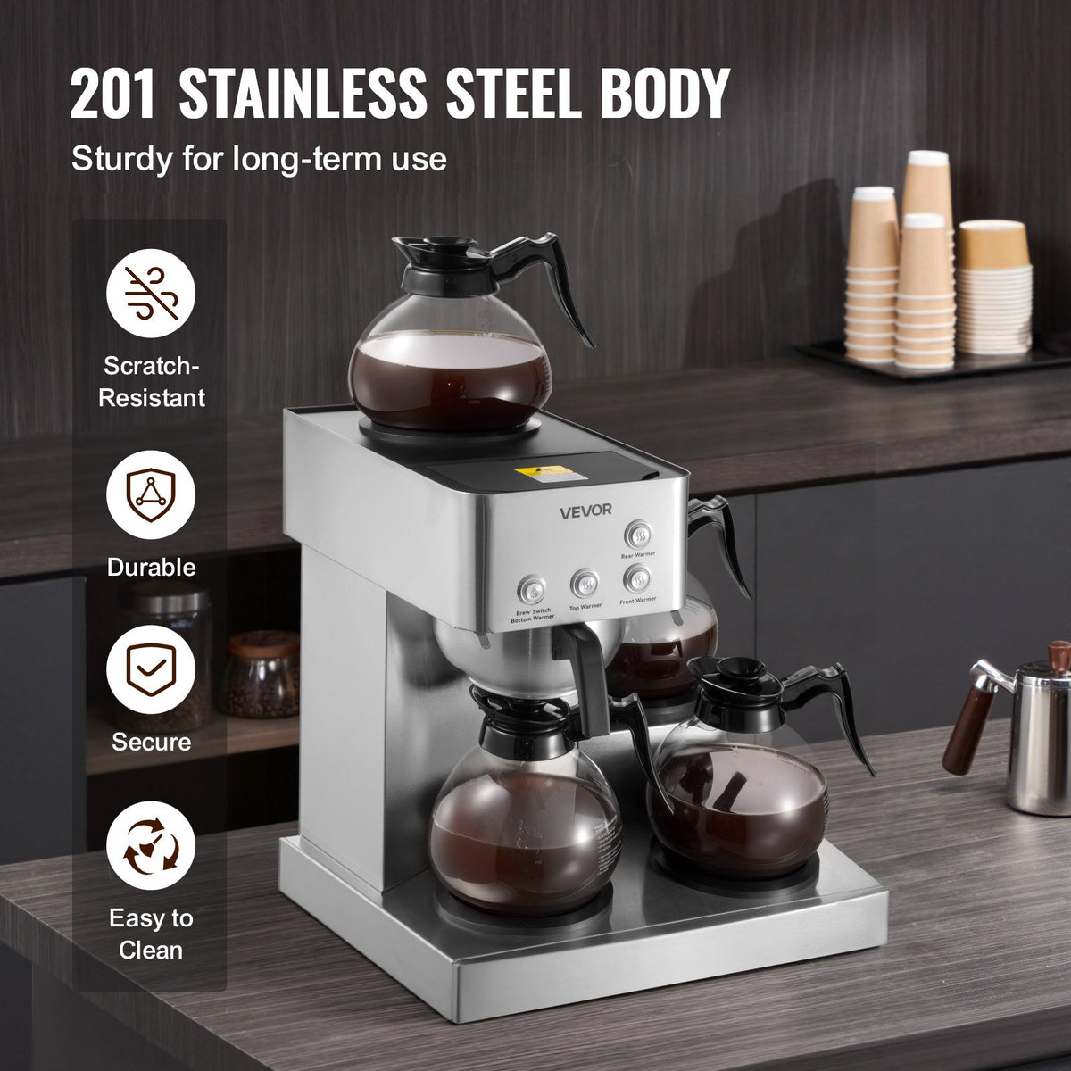VEVOR Commercial Drip Coffee Maker, 12 Cups Coffee-Maker Machine with 4 Glass Carafes and 4 Decanter Warmer Plates, Stainless Steel Drip Style Coffee Brewer, for Restaurant, Office, Coffee Shop & Home - BLHSYMSKFJJXTVASK001V1 - view 6