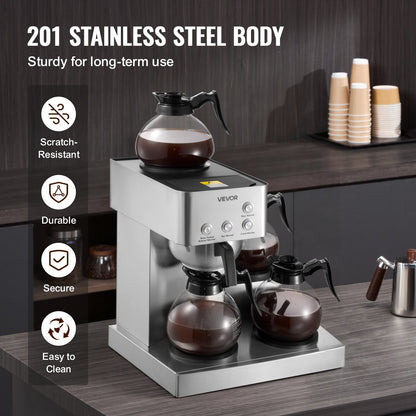 VEVOR Commercial Drip Coffee Maker, 12 Cups Coffee-Maker Machine with 4 Glass Carafes and 4 Decanter Warmer Plates, Stainless Steel Drip Style Coffee Brewer, for Restaurant, Office, Coffee Shop & Home - BLHSYMSKFJJXTVASK001V1 - view 6