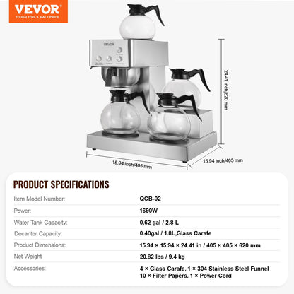 VEVOR Commercial Drip Coffee Maker, 12 Cups Coffee-Maker Machine with 4 Glass Carafes and 4 Decanter Warmer Plates, Stainless Steel Drip Style Coffee Brewer, for Restaurant, Office, Coffee Shop & Home - BLHSYMSKFJJXTVASK001V1 - view 8