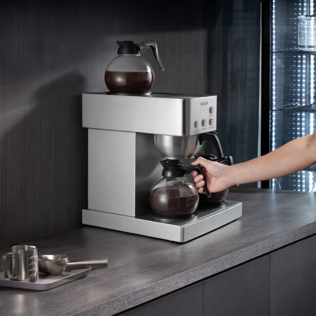 VEVOR Commercial Drip Coffee Maker, 12 Cups Coffee-Maker Machine with 4 Glass Carafes and 4 Decanter Warmer Plates, Stainless Steel Drip Style Coffee Brewer, for Restaurant, Office, Coffee Shop & Home - BLHSYMSKFJJXTVASK001V1 - view 9