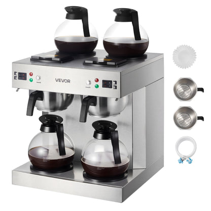 VEVOR Commercial Drip Coffee Maker, 24 Cups Coffee-Maker Machine with 4 Glass Carafes and 4 Decanter Warmer Plates, Stainless Steel Dual-Head Coffee Brewer, for Restaurant, Office, Coffee Shop & Home - BLHSYMSKFJJXVUPW1001V1 - view 1
