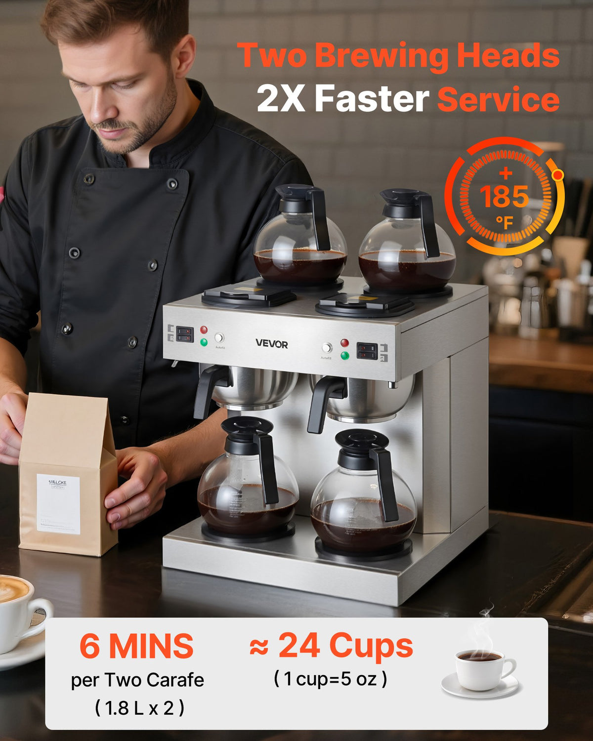 VEVOR Commercial Drip Coffee Maker, 24 Cups Coffee-Maker Machine with 4 Glass Carafes and 4 Decanter Warmer Plates, Stainless Steel Dual-Head Coffee Brewer, for Restaurant, Office, Coffee Shop & Home - BLHSYMSKFJJXVUPW1001V1 - view 3