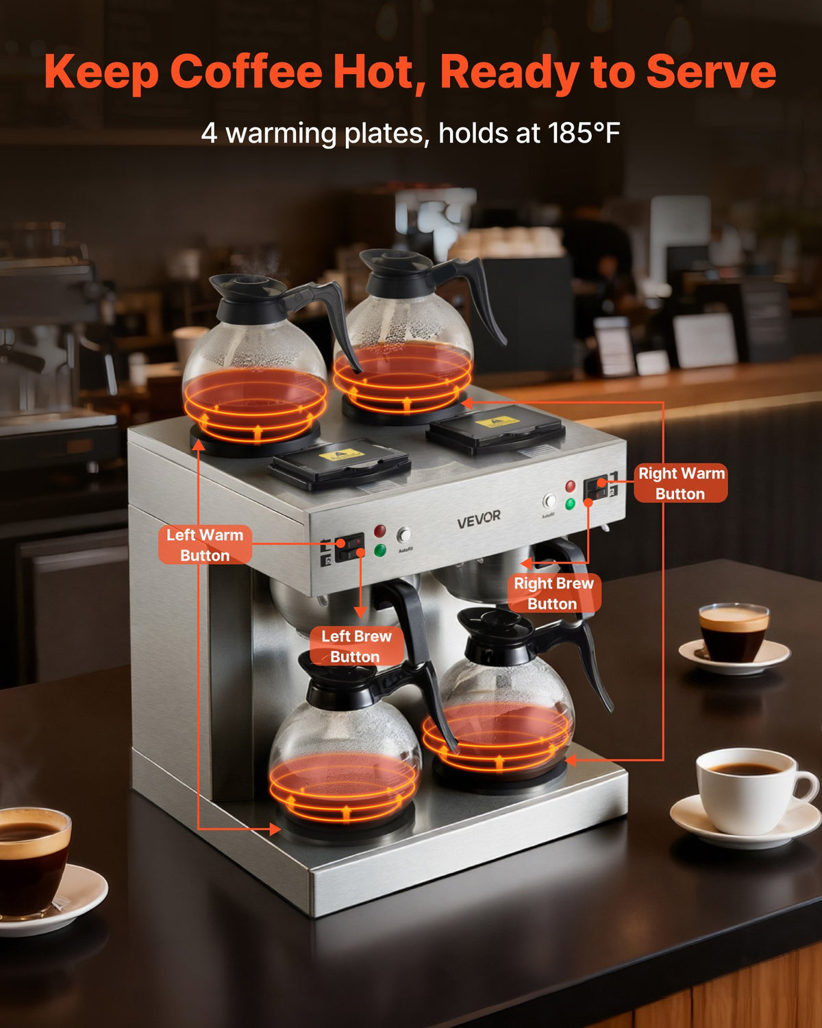 VEVOR Commercial Drip Coffee Maker, 24 Cups Coffee-Maker Machine with 4 Glass Carafes and 4 Decanter Warmer Plates, Stainless Steel Dual-Head Coffee Brewer, for Restaurant, Office, Coffee Shop & Home - BLHSYMSKFJJXVUPW1001V1 - view 4