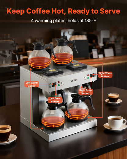 VEVOR Commercial Drip Coffee Maker, 24 Cups Coffee-Maker Machine with 4 Glass Carafes and 4 Decanter Warmer Plates, Stainless Steel Dual-Head Coffee Brewer, for Restaurant, Office, Coffee Shop & Home - BLHSYMSKFJJXVUPW1001V1 - view 4