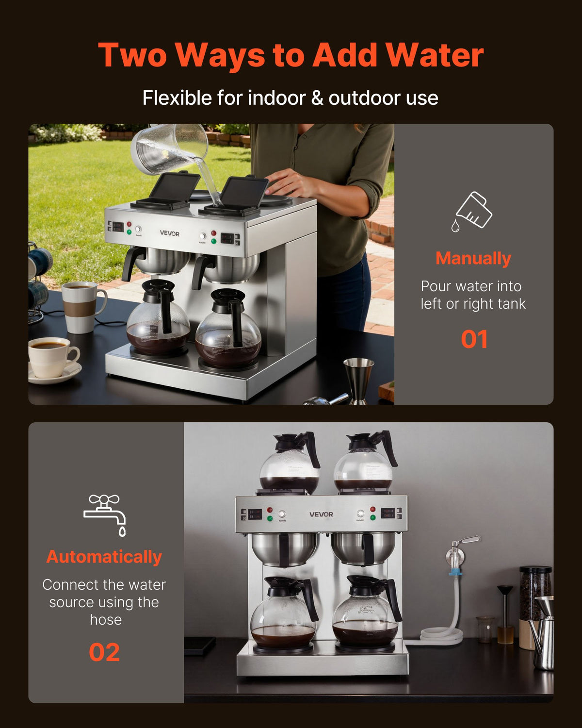 VEVOR Commercial Drip Coffee Maker, 24 Cups Coffee-Maker Machine with 4 Glass Carafes and 4 Decanter Warmer Plates, Stainless Steel Dual-Head Coffee Brewer, for Restaurant, Office, Coffee Shop & Home - BLHSYMSKFJJXVUPW1001V1 - view 5
