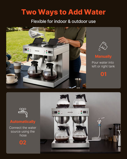 VEVOR Commercial Drip Coffee Maker, 24 Cups Coffee-Maker Machine with 4 Glass Carafes and 4 Decanter Warmer Plates, Stainless Steel Dual-Head Coffee Brewer, for Restaurant, Office, Coffee Shop & Home - BLHSYMSKFJJXVUPW1001V1 - view 5