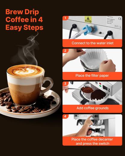 VEVOR Commercial Drip Coffee Maker, 24 Cups Coffee-Maker Machine with 4 Glass Carafes and 4 Decanter Warmer Plates, Stainless Steel Dual-Head Coffee Brewer, for Restaurant, Office, Coffee Shop & Home - BLHSYMSKFJJXVUPW1001V1 - view 6