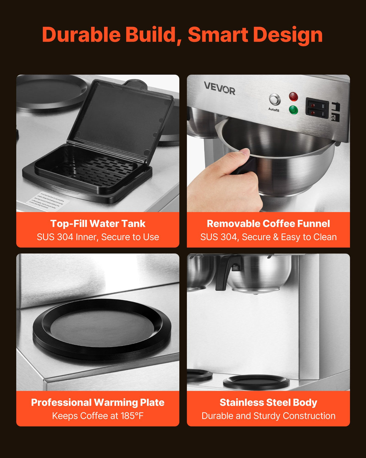 VEVOR Commercial Drip Coffee Maker, 24 Cups Coffee-Maker Machine with 4 Glass Carafes and 4 Decanter Warmer Plates, Stainless Steel Dual-Head Coffee Brewer, for Restaurant, Office, Coffee Shop & Home - BLHSYMSKFJJXVUPW1001V1 - view 7