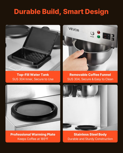 VEVOR Commercial Drip Coffee Maker, 24 Cups Coffee-Maker Machine with 4 Glass Carafes and 4 Decanter Warmer Plates, Stainless Steel Dual-Head Coffee Brewer, for Restaurant, Office, Coffee Shop & Home - BLHSYMSKFJJXVUPW1001V1 - view 7