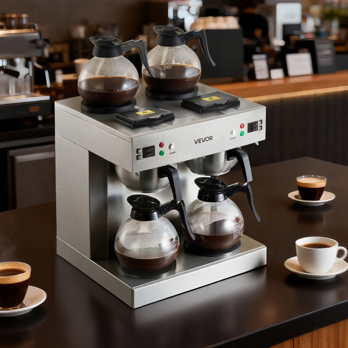 VEVOR Commercial Drip Coffee Maker, 24 Cups Coffee-Maker Machine with 4 Glass Carafes and 4 Decanter Warmer Plates, Stainless Steel Dual-Head Coffee Brewer, for Restaurant, Office, Coffee Shop & Home - BLHSYMSKFJJXVUPW1001V1 - view 9