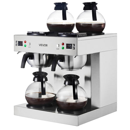 VEVOR Commercial Drip Coffee Maker, 24 Cups Coffee-Maker Machine with 4 Glass Carafes and 4 Decanter Warmer Plates, Stainless Steel Dual-Head Coffee Brewer, for Restaurant, Office, Coffee Shop & Home - BLHSYMSKFJJXVUPW1001V1 - view 10