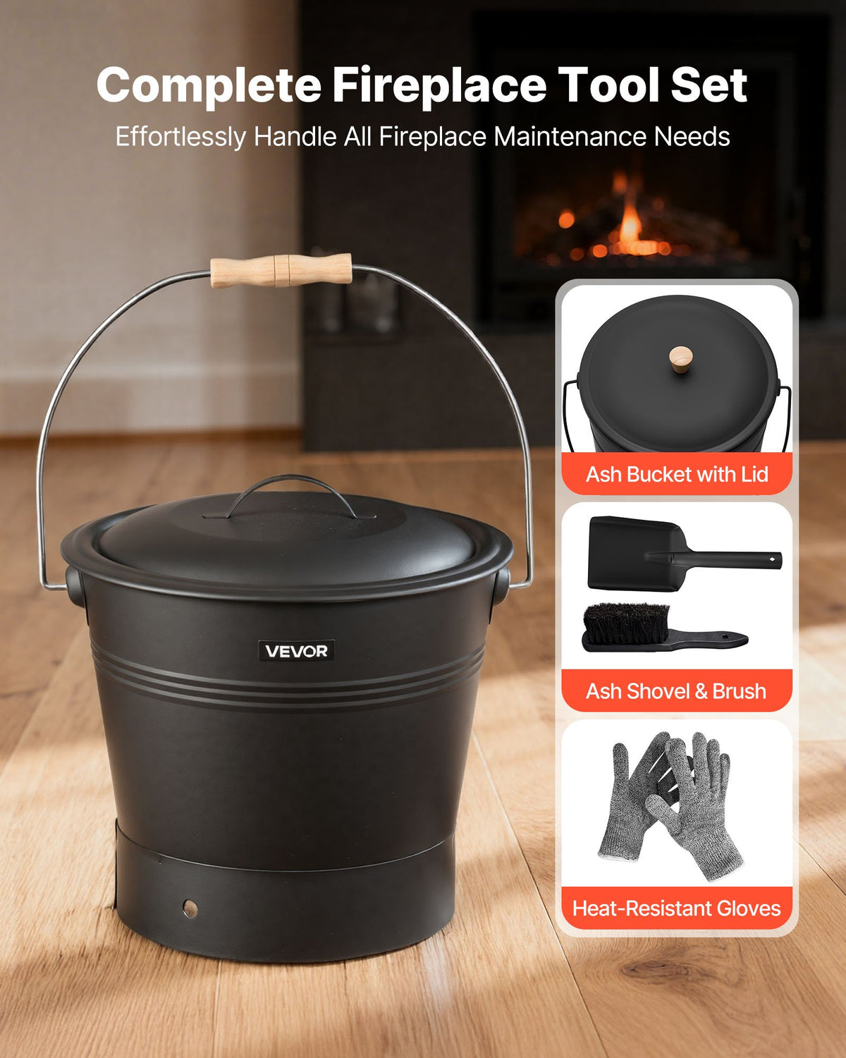VEVOR Ash Bucket, 4 PCS with Lid, Shovel, Broom and Gloves, Metal Fireplace Charcoal Bucket and Ash Can, 2.6 GAL Large Capacity for Fireplace, Fire Pits, Wood Burning Stoves, Indoor and Outdoor - BLHT4JTDGYXTGG4LL001V0 - view 3