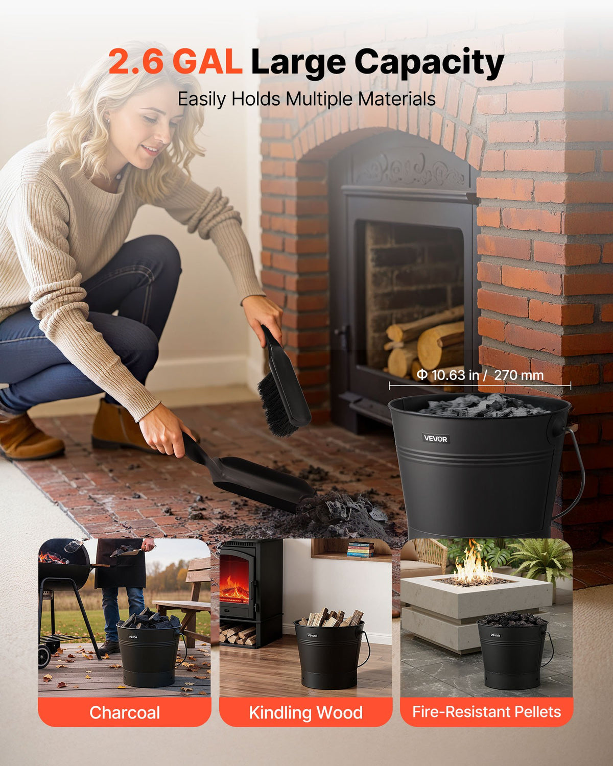 VEVOR Ash Bucket, 4 PCS with Lid, Shovel, Broom and Gloves, Metal Fireplace Charcoal Bucket and Ash Can, 2.6 GAL Large Capacity for Fireplace, Fire Pits, Wood Burning Stoves, Indoor and Outdoor - BLHT4JTDGYXTGG4LL001V0 - view 5