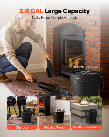 VEVOR Ash Bucket, 4 PCS with Lid, Shovel, Broom and Gloves, Metal Fireplace Charcoal Bucket and Ash Can, 2.6 GAL Large Capacity for Fireplace, Fire Pits, Wood Burning Stoves, Indoor and Outdoor - BLHT4JTDGYXTGG4LL001V0 - view 5
