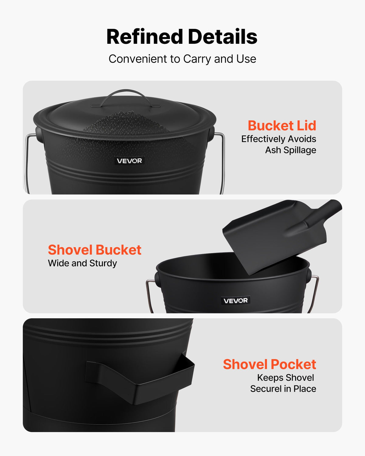 VEVOR Ash Bucket, 4 PCS with Lid, Shovel, Broom and Gloves, Metal Fireplace Charcoal Bucket and Ash Can, 2.6 GAL Large Capacity for Fireplace, Fire Pits, Wood Burning Stoves, Indoor and Outdoor - BLHT4JTDGYXTGG4LL001V0 - view 6