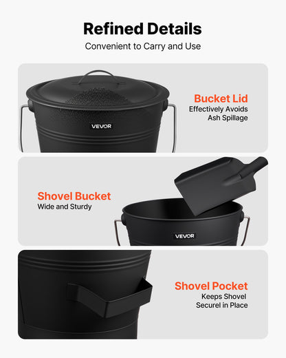 VEVOR Ash Bucket, 4 PCS with Lid, Shovel, Broom and Gloves, Metal Fireplace Charcoal Bucket and Ash Can, 2.6 GAL Large Capacity for Fireplace, Fire Pits, Wood Burning Stoves, Indoor and Outdoor - BLHT4JTDGYXTGG4LL001V0 - view 6