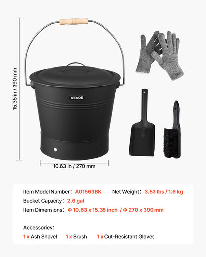 VEVOR Ash Bucket, 4 PCS with Lid, Shovel, Broom and Gloves, Metal Fireplace Charcoal Bucket and Ash Can, 2.6 GAL Large Capacity for Fireplace, Fire Pits, Wood Burning Stoves, Indoor and Outdoor - BLHT4JTDGYXTGG4LL001V0 - view 8