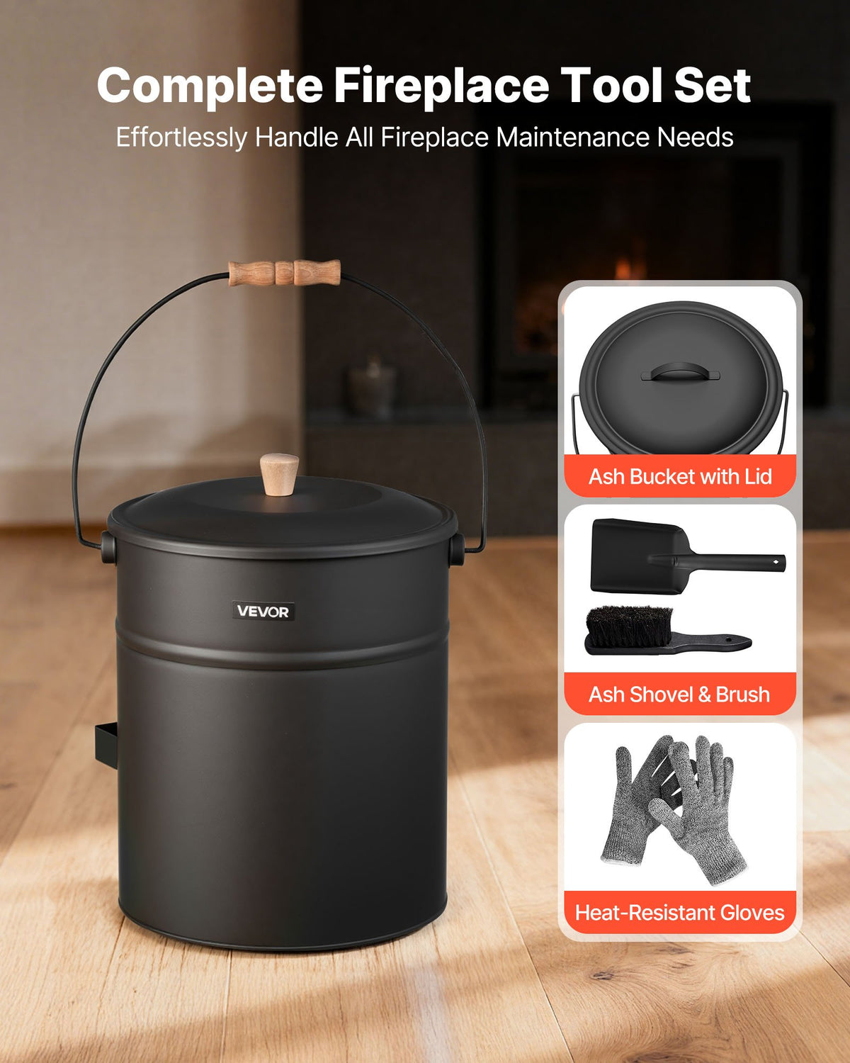 VEVOR Ash Bucket, 4 PCS with Lid, Shovel, Broom and Gloves, Metal Fireplace Charcoal Bucket and Ash Can, 4 GAL Large Capacity for Fireplace, Fire Pits, Wood Burning Stoves, Indoor and Outdoor - BLHT4JTDGYXTVHE1A001V0 - view 3
