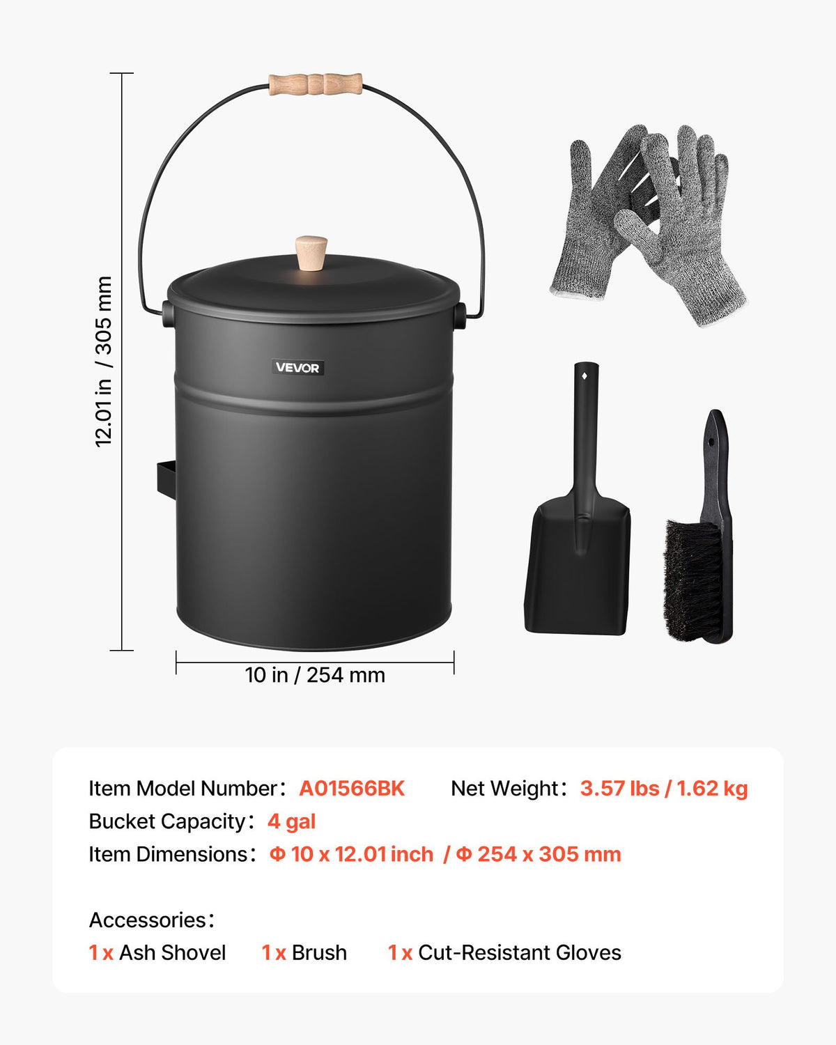 VEVOR Ash Bucket, 4 PCS with Lid, Shovel, Broom and Gloves, Metal Fireplace Charcoal Bucket and Ash Can, 4 GAL Large Capacity for Fireplace, Fire Pits, Wood Burning Stoves, Indoor and Outdoor - BLHT4JTDGYXTVHE1A001V0 - view 8