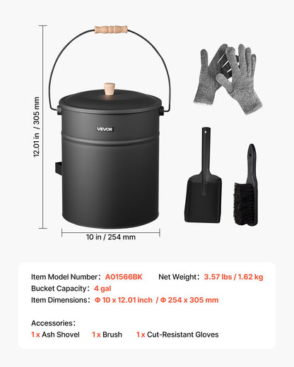 VEVOR Ash Bucket, 4 PCS with Lid, Shovel, Broom and Gloves, Metal Fireplace Charcoal Bucket and Ash Can, 4 GAL Large Capacity for Fireplace, Fire Pits, Wood Burning Stoves, Indoor and Outdoor - BLHT4JTDGYXTVHE1A001V0 - view 8
