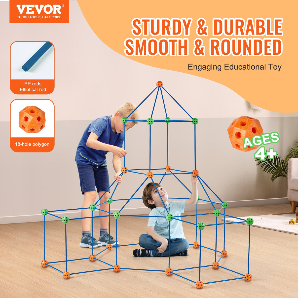 VEVOR Fort Building Kit for Kids, 120PCS STEM Building Toys, Educational Gift for 4 5 6 7 8+ Year Old Boys & Girls, Indoor Outdoor Play Tent Builder Set Construction Toys with 80 Rods and 40 Balls - BLJZTJCZK1200B4AEV0 - view 3