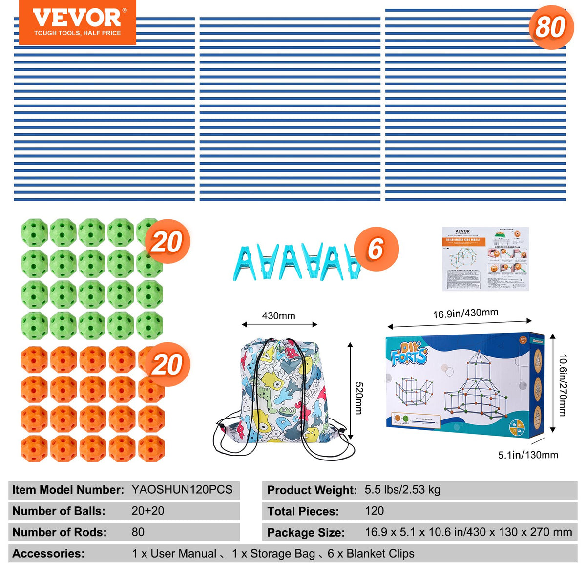 VEVOR Fort Building Kit for Kids, 120PCS STEM Building Toys, Educational Gift for 4 5 6 7 8+ Year Old Boys & Girls, Indoor Outdoor Play Tent Builder Set Construction Toys with 80 Rods and 40 Balls - BLJZTJCZK1200B4AEV0 - view 8