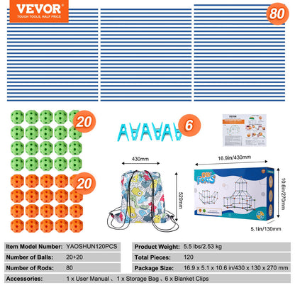 VEVOR Fort Building Kit for Kids, 120PCS STEM Building Toys, Educational Gift for 4 5 6 7 8+ Year Old Boys & Girls, Indoor Outdoor Play Tent Builder Set Construction Toys with 80 Rods and 40 Balls - BLJZTJCZK1200B4AEV0 - view 8